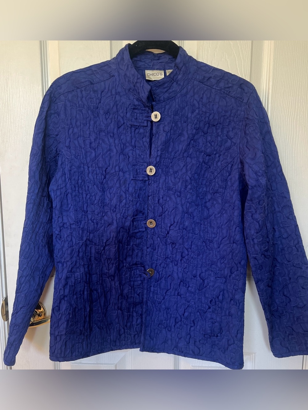 Vtg Chico’s Women’s Sz 1 Button Up Jacket Royal Blue Textured Mandarin Collar